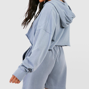 100% algodón al por mayor 2 piezas chándal mujer manga larga y corta sudadera pantalones cortos conjunto para damas dos piezas Sudadera con capucha conjuntos cortos - Product Image 2