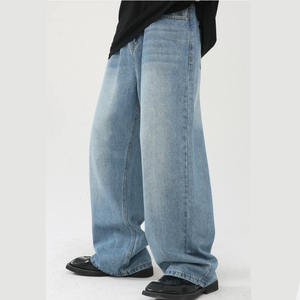 High Street hommes décontracté Stonewashed Denim pantalon nouveau à la mode Streetwear solide foncé usé Style droit ample mi été 100% - Product Image 2