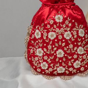 Atiya Libas Designer 2024 Red Luxury Silk <b>Clutch</b> <b>Bag</b> with Embellished Crystal Glass Beadsstone and Pearls for <b>Weddings</b> Parties - Product Image 1