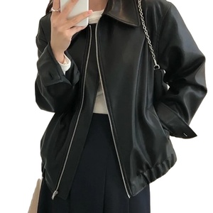 Chaqueta de cuero genuino para hombre de estilo coreano, ropa informal holgada de manga larga para motocicleta, solapa, diseño con cremallera, estilo de calle alta - Product Image 1