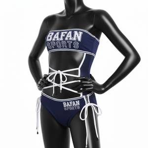 Conjunto de bikini premium de poliéster y spandex, tela elástica azul marino, paneles laterales de malla, diseño con cordones, logotipo con transferencia térmica, conjunto de bikini para mujer. - Product Image 1