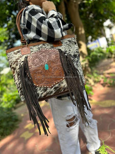 ผู้หญิง Cowhide ขนสัตว์ Fringe กระเป๋าสตางค์หนังสไตล์กระเป๋าผมบนซ่อนแกะสลักมือ Toled กระเป๋าสําหรับหลายใช้ - Product Image 3