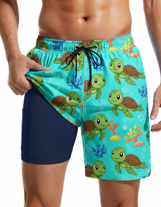 Men 2 in 1 Gym Running Board <b>Shorts</b> Solid <b>Swim</b> Compression <b>Liner</b> Recyclable Material Casual Style Mid Waist Printed Pattern - Product Image 2