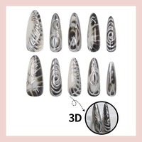 NBL-JX-250 Faux Ongles à Presser Spirale Noir et Blanc Gothique 30 Pièces, Design 3D Effet Encre et Épines, Réutilisables, Couverture Complète, Vente en Gros