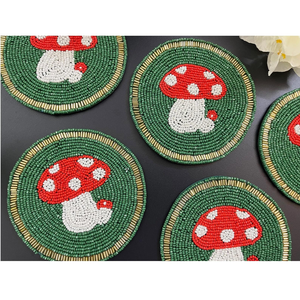Whimsical Mushroom Patterned Eco-Friendly Customizable Beaded <b>Coasters</b> Silk Screen Printed <b>Green</b> Spring Table Decor for Home - Product Image 3