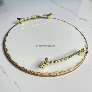 Cadre et poignées de concepteur de corde en métal plaqué or d'arrivée de modèle unique élégant pour le plateau de service de marbre blanc de forme ronde - Product Image 2