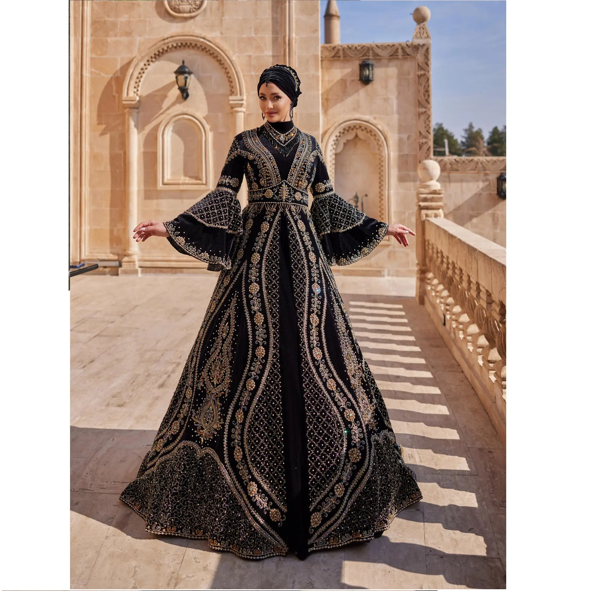 Black Muslim Wedding Arabic Gown with Hijab New Muslim Women Arabic Kaftan Islamic Maxi Dress Long Sleeve Arab Jilbab Abaya who