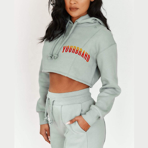 Custom Printed Logo Long Sleeve Crop Hooded Pullover Drawstring <b>Sweatshirt</b> Women's Solid Color Oversized Eco-Friendly Vintage - Product Image 4