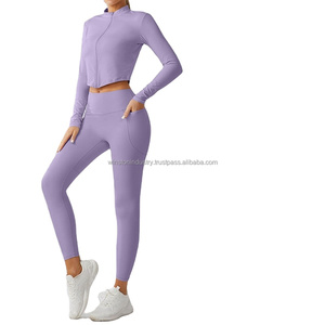 2025 Hot Sale Women's Gym Fitness Two-Piece Yoga Set Solid Pattern Yoga <b>Legging</b> with Mid Waist Logo for Workout - Product Image 4