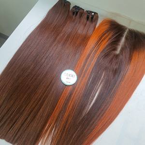 Máquina de cabello Remy vietnamita virgen 100%, paquetes de trama doble, cierre de encaje HD, Color naranja resaltado, estilo de onda recta sedosa - Product Image 1