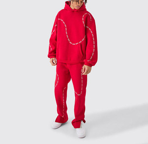 OEM personalizado de invierno de color rojo sólido de impresión de la pantalla holgada con capucha pantalones de chándal Jogger conjunto de dos piezas chándal para hombres - Product Image 4