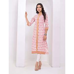 Kurti de Algodón con Estampado de Bloques en Rosa y Blanco, Ropa de Asia y las Islas del Pacífico - Product Image 3