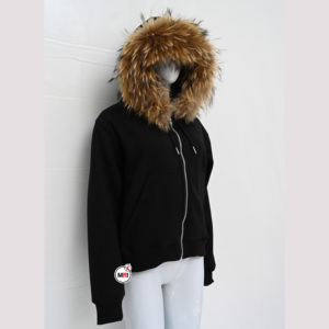Sudadera con Capucha para Mujer, Negra, de Algodón, Manga Larga, con Ribete de Piel, Cierre Frontal con Cremallera, Diseño Sólido, Transpirable, Estilo Tejido, Ropa Urbana - Product Image 5