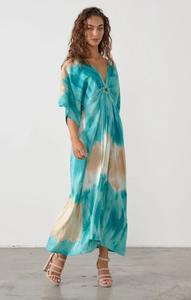Nuevo Vestido Kaftan de Verano para Mujer, Estilo Tie-Dye, Moderno, para Fiesta o Vacaciones, Diseño de Diseñador, Cuello en V, Manga Corta, 1 Pieza, 100% Rayón - Product Image 2