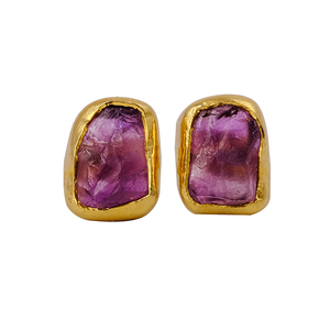 Boucles d'oreilles naturelles brutes Améthyste Pierre précieuse fabriquée à la main Pierre de naissance Collet Setting Push Back Tiny Natural Rough Gemstone Jewelry - Product Image 6