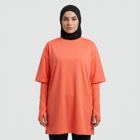 T-shirt de sport pour femmes musulmanes de qualité supérieure, design épaules tombantes, manches avec trous pour les pouces, respirant, écologique, UPF50+