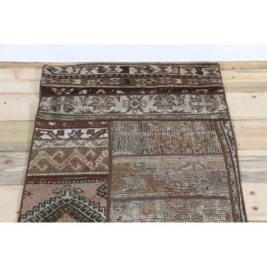Turkish Vintage Eco-Friendly Fringed Rug 2.2x5.9 ft (68x180 Cm) Patchwork <b>Brown</b> <b>Wool</b> with Latex Backing - Product Image 4
