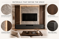Meuble TV mural intégré moderne KEJIA avec éclairage LED, texture bois et pierre, et tiroirs