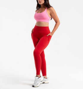 Wholesale <b>Red</b> High Waisted <b>Womens</b> Workout <b>Leggings</b> with Pockets Seamless Soft Stretch Fabric for Yoga Gym and Activewear - Product Image 2