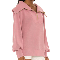 2025 pull en tricot côtelé pour femmes surdimensionné à capuche Vintage col entonnoir coupe solide printemps décontracté 100% coton Polyester fermeture éclair avant
