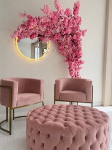 Fauteuil de salon en velours rose avec structure dorée, design contemporain pour poste de barbier - Product Image 2