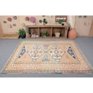 Alfombra de lana turca Vintage clásica Beige azul 6,1X7,7 pies rectángulo de retazos hecho a mano con respaldo de látex para juego de sala de estar - Product Image 4