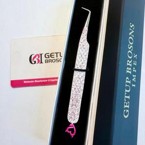 Pince à épiler pour extensions de cils, logo personnalisé OEM, 90 degrés, type L, anti-magnétique, durable, longueur 10 mm, finition pailletée rose - Product Image 5