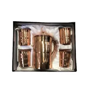 Top Quality Handmade Indiano Jarro De Cobre Jarro Com 6 Copper Glasses Set Table Top Home Kitchen Decoração Gift Items NAC-83