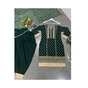 India Pakistan gaya Salwar Kameez siap dibuat panjang wanita Kurti celana Set dengan Dupatta untuk penjualan ekspor