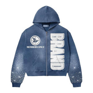 Streetwear de luxe personnalisé Ensemble sweat à capuche et pantalon de survêtement avec strass Veste zippée surdimensionnée Lavage à l'acide avec impression audacieuse Mode tendance - Product Image 3