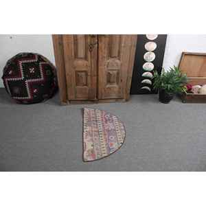 Alfombra Turca Vintage, Redonda de 2.5x1.5 pies, Alfombra con Diseño a Cuadros Azules - Product Image 2