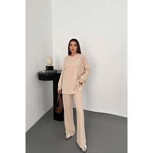 Classic Solid Casual Ribbed Women's <b>Sweater</b> and Trousers 2-Piece Long <b>Set</b> 100% Polyester Anti-Pilling & Breathable - Product Image 1