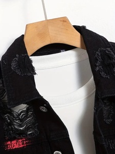 Veste en jean déchiré d'hiver pour hommes Col montant avec logo sur le devant High Street Casual Fashion Outerwear - Product Image 6