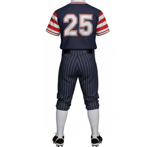 Uniforme de baseball le plus vendu pour hommes, maillot bleu marine avec manches rayées rouge et blanc et pantalon à rayures fines, ensemble de vêtements de sport respirant OEM - Product Image 3