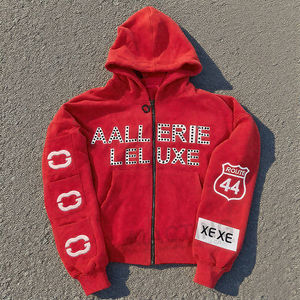 Sudadera con capucha 2026 de estilo urbano vintage, con lavado a la piedra, de corte extragrande y holgado, corta, bordada, con cremallera, con tachuelas y pedrería, con bolsillos - Product Image 3