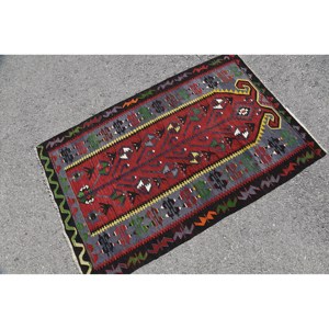 Ethnic Patchwork Wool <b>Rug</b> Red Gray Geometric Design 3.1 X 4.7 ft Rectangle Latex Backing for Living Room <b>Bedroom</b> Decoration - Product Image 2