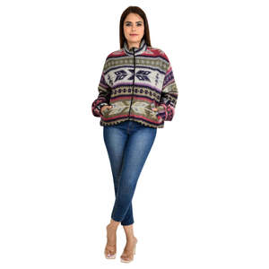 Suéter tipo bolero con cremallera, estilo geométrico azteca de diamantes, cálido y cómodo para otoño e invierno, mezcla de lana de yak, con cuello alto. - Product Image 2