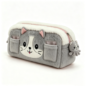Customized grey cat plush pencil case Cute cat plush pencil pouch with charm Large capacity <b>fluffy</b> cat pen <b>bag</b> Soft plush cat - Product Image 5
