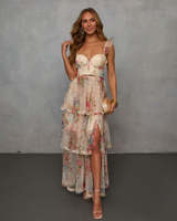 Longue robe Maxi 2025 printemps été fête de mariage femmes partout à volants motifs floraux à manches longues fête dames longue robe en maille