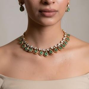 Collier Polki émeraude en argent 925 plaqué or |   Bijoux de mariée |   Collier de mariage indien |   Bijoux festifs et luxueux - Product Image 1