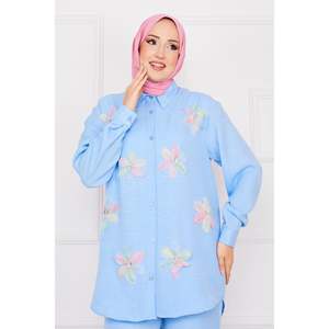 Ensemble de 2 pièces en lin brodé de fleurs Bleu - Product Image 3