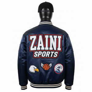 Veste universitaire en satin brillant de qualité supérieure 220GSM Bleu marine Broderie personnalisée Logo Aigle Patchwork Drapeau américain Veste en satin pour hommes - Product Image 3