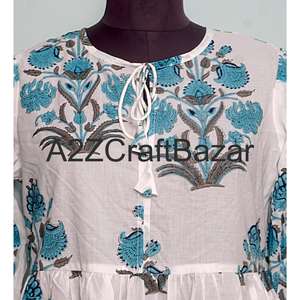 Handmade Block Print Floral Printed Cotton V-Neck <b>Long</b> Sleeve Midi Bodycon <b>Dress</b> With Washable Fabric - Product Image 3