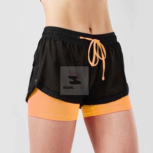 Pantalones cortos de gimnasio de doble capa personalizados, respetuosos con el medio ambiente, cintura elástica alta, transpirable, Yoga, patrón sólido, informal, teñido liso con servicio OEM - Product Image 5