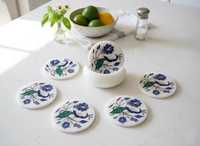 Sous-verres en marbre blanc avec incrustation de paon, sous-verres à boisson en pierre florale bleue faits à la main