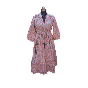 เดรสทรงเอไลน์ลายดอกไม้ผสมผสานสไตล์วินเทจ ผ้าถัก แขนพอง ระบายอากาศได้ดี เป็นมิตรกับสิ่งแวดล้อม 100% - Product Image 2