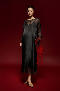 Vestido de Organza de Seda Transparente para Mujer, Negro, Cuello Redondo, Manga Larga, Corte Holgado, Estilo Casual y Formal para Maternidad, ODM - Product Image 5