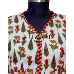 Women's 100% Cotton Short Spring Floral Print <b>Quilted</b> Jacket with Breathable Hand Block Design Button Pockets Full Sleeves - Product Image 3