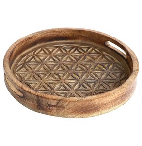 Bandeja de servicio redonda de madera de mango de Color quemado con asas Venta caliente | Bandeja redonda tallada a mano de madera para servir y uso de decoración - Product Image 1