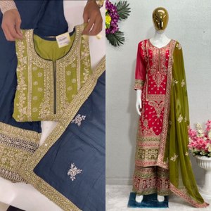Qualité supérieure Nouveau Designer Lourd Faux Georgette Vert Rouge Costume Pakistanais Avec Broderie Complexe Tenue De Fête De Fête - Product Image 1